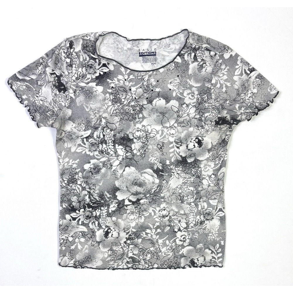 Basic Editions Top Women's M Gray Floral Rhinestone Short Sleeve Lettuce Hem
